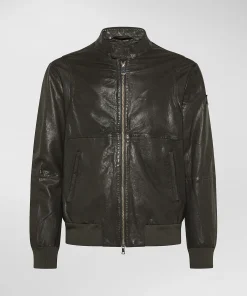Bomber in pelle con dettagli in maglina elastica