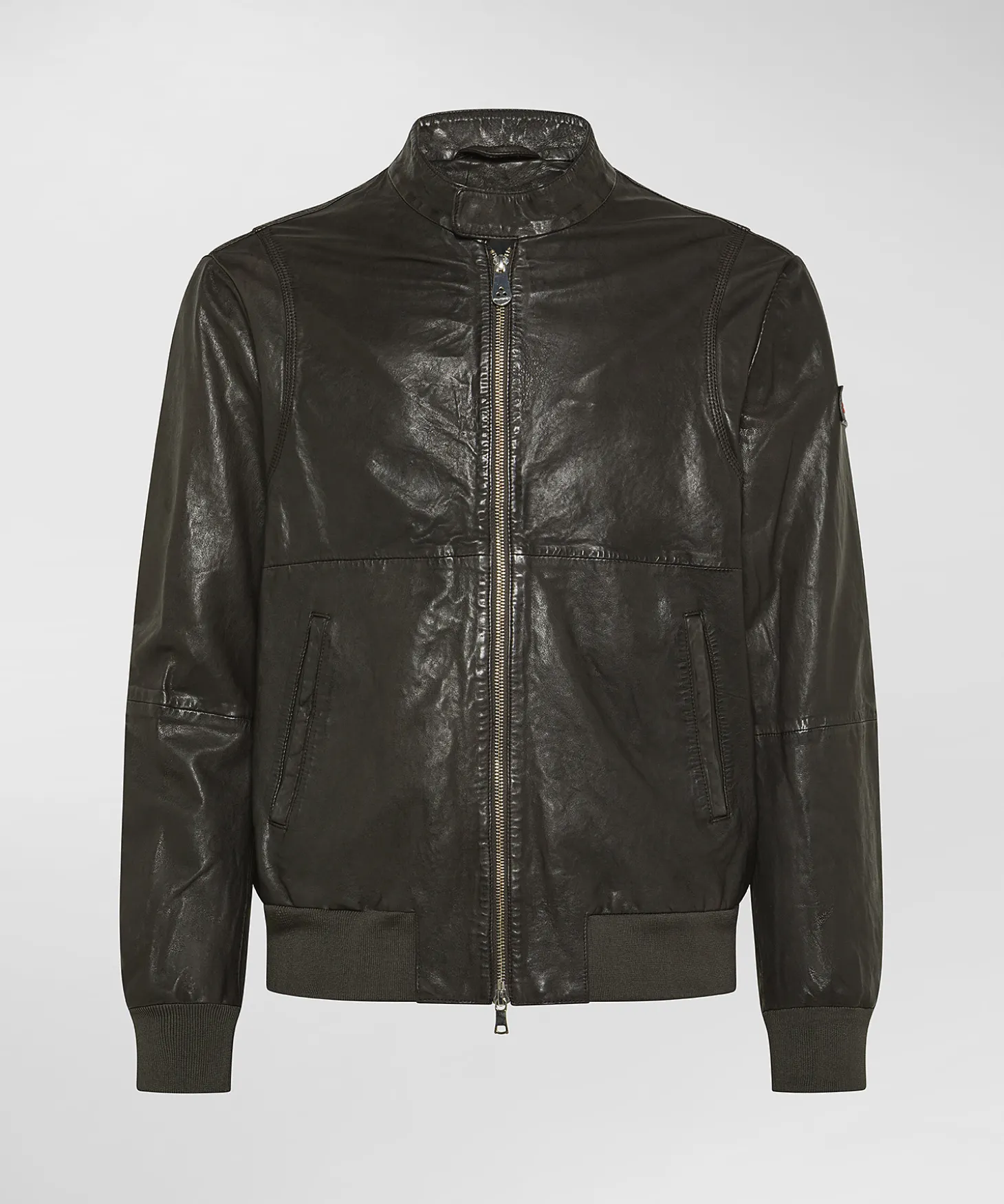 Bomber in pelle con dettagli in maglina elastica
